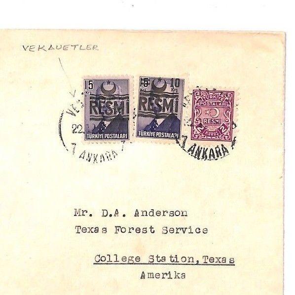 TURKEY 1959 Ankara Vekauetler RESMI Overprint Cover TEXAS FOREST SERVICE USA AR4