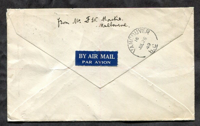 p175 - AUSTRALIA 1949 First Flight Cover to Vancouver CANADA. 2x 1/- Lyre Bird