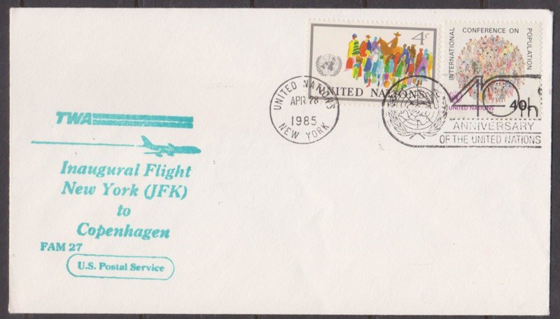 UNITED NATIONS UNO - 1985 TWA NEW YORK to COPENHAGEN FIRST FLIGHT COVER FFC