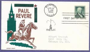 1048 PAUL REVERE 25c 1958, CACHET CRAFT/BOLL FIRST DAY COVER, ADDR.