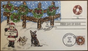 1998 Christmas Wreaths 32c FDC Hand Drawn Cachet 2019 Wreath Stand Girl Dogs