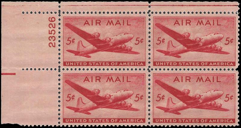 US #C32 5¢ SKYMASTER MNH UL PLATE BLOCK #23526 DURLAND .75¢