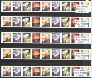 Scott #3481a Flowers (2001) PNC9s, Complete Set of 5, VF+QUALITY!-Cat. $75.00