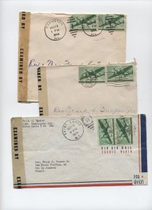 3 1944 airmail covers to Brazil WWII censored 20ct transport pairs [y8343]