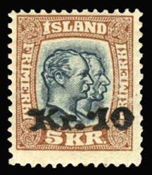 Iceland #143 Cat$600, 1924-30 10k on 5k, lightly hinged