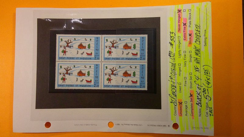 St. Pierre & Miquelon 1990 Christmas Scott# 553 Mint XF NH CPL Block of 4