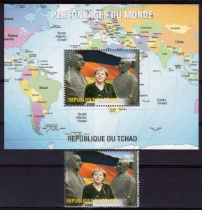 Chad 2009 Angela Merkel/ Charles de Gaulle /Konrad Adenauer Set + S/S Perf.MNH