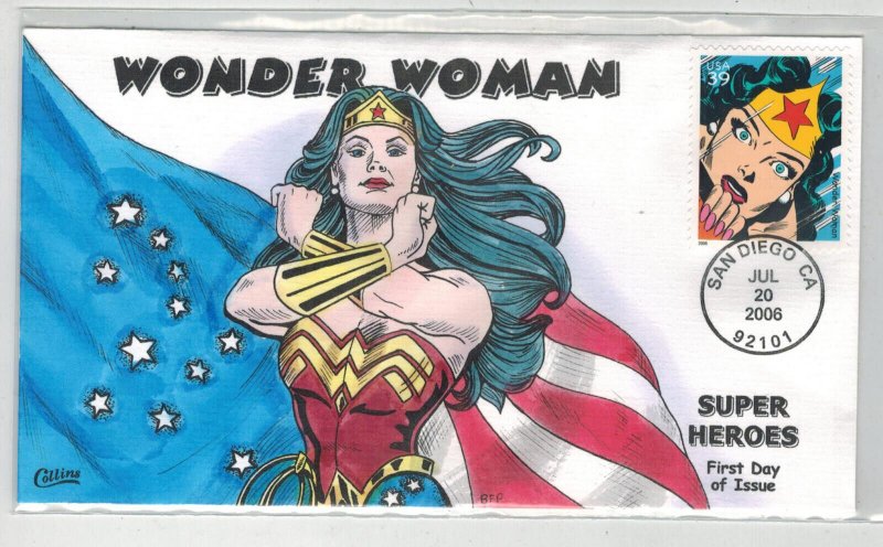 2006 COLLINS HANDPAINTED DC COMICS SUPERHEROES WONDER WOMAN PORTRAIT STAMP