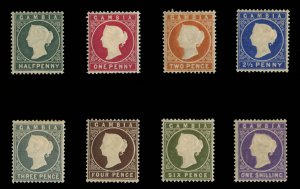 Gambia #12-19 Cat$84.50, 1886-93 1/2p-1sh, set of eight, hinged