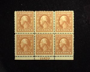 HS&C: Scott #503 4c  Washington p/b of 6 PL#13572 Mint F/VF NH