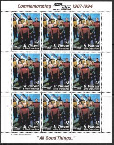 ST.Vincent #2117E  $2  Star Trek sheet of 9 Entire caste (MNH) CV$15.00