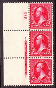 US 279b 2c Washington Left Side Plate #876 Strip of 3 Mint F-VF OG NH SCV $85