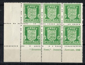 Jersey 1942 Arms ½d creamy paper imprint corner block of 6 unmounted mint