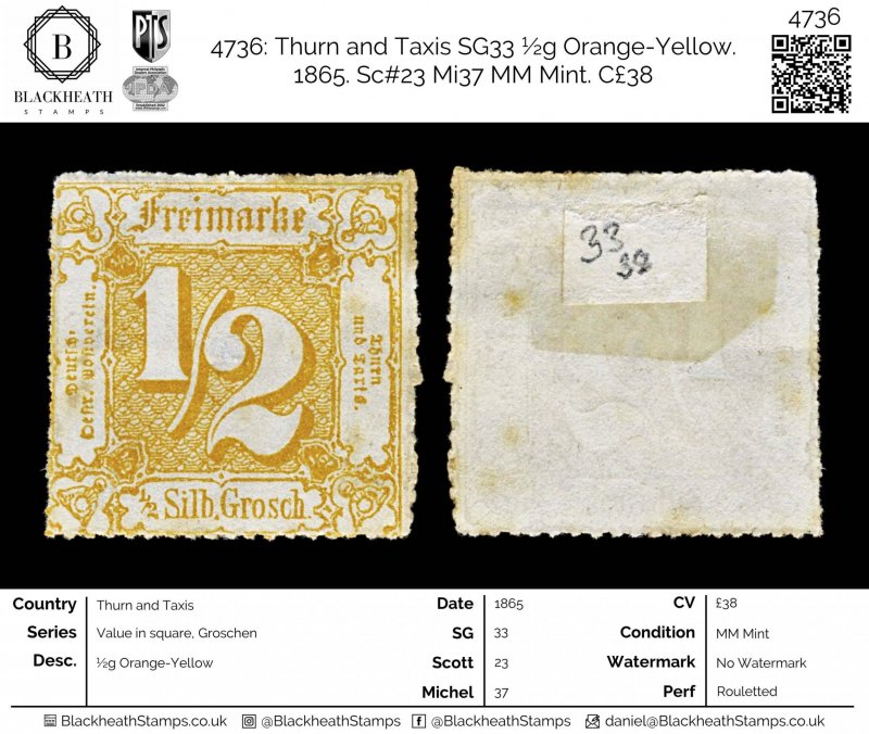 4736: Thurn and Taxis SG33 ½g Orange-Yellow. 1865. Sc#23 Mi37 MM Mint. C£38