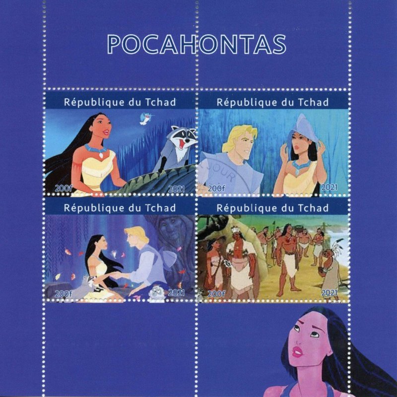 Disney Stamps Chad 2021 CTO Pocahontas Cartoons Animation 4v M/S