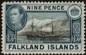 Falkland Islands 90 - Mint-H - 9p Ship RRS William Scoresby (1938) (cv $15.00)