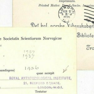 NORWAY Library Cards {2} *Royal Anthropological Institute* 1926 {samwells} KK153