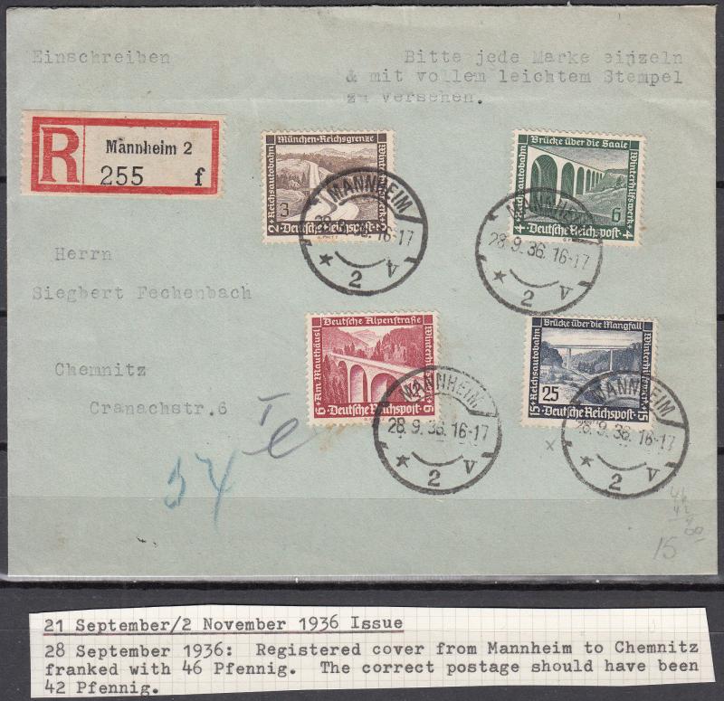 Germany - 28.9.1936 Buildings stamps on registered cover to Chemnitz (1579)