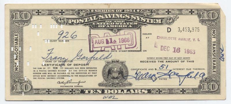 $10 Series of 1954 Postal Savings Certificate Virgin Islands! [4426.1]