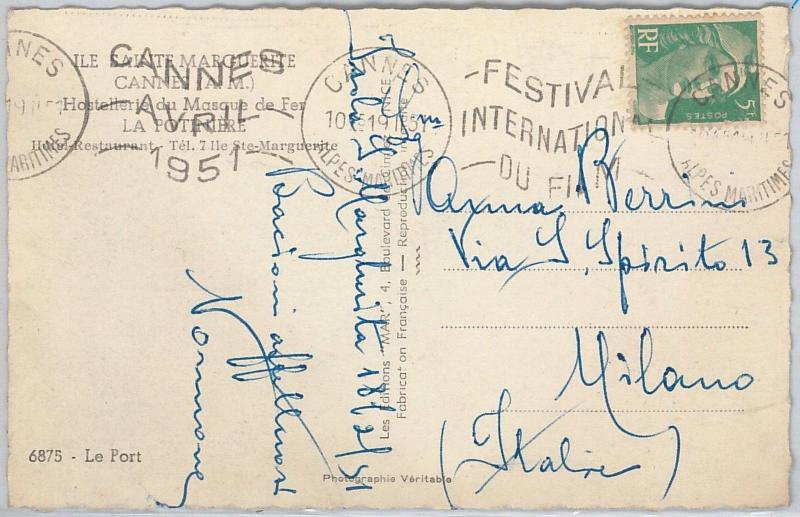 CINEMA ---  FRANCE -  POSTAL HISTORY -  SPECIAL postmark on POSTCARD 1951 Cannes