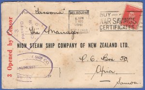 AUSTRALIA WWII 1941 Censored cover, Union Steamship Co, to Apia, Samoa, SG 30a