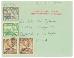 P2932 - MALTA, 1955 DEFINITIVE VALUES TO THE USA, SCARCE RED HAND MARK ON FRONT.-