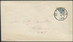 DANISH WEST INDIES 1903 4c bisected on cover St Thomas cds.................61218