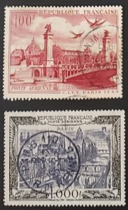 1949-50 France 100 Fr,  & 1,000 Fr, Airmail Stamps Scott #- C27, C28 Used