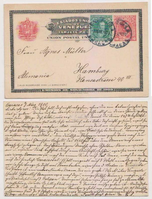 VENEZUELA 1910 PS CARD H&G 15 + Sc 231 CARACAS Cds to HAMBURG VF