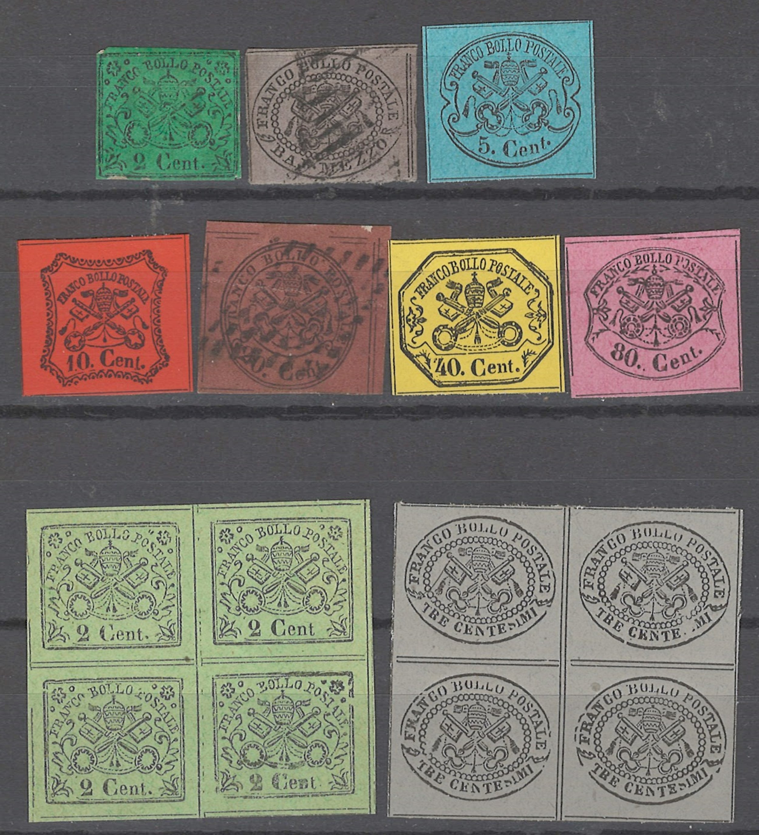 COLLECTION LOT 2081 ROMAN STATES 7 STAMPS + 2 BLOCKS OF 4 1867 MAINLY