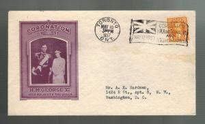 1937 Toronto Canada first day cover Coronation Cachet FDC KGVI King george 6 USA