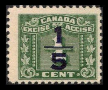 CANADA REVENUE 1934 #FX104 1/5 ON ¼c GREEN MNG FRACTIONAL EXCISE TAX CV $4.75