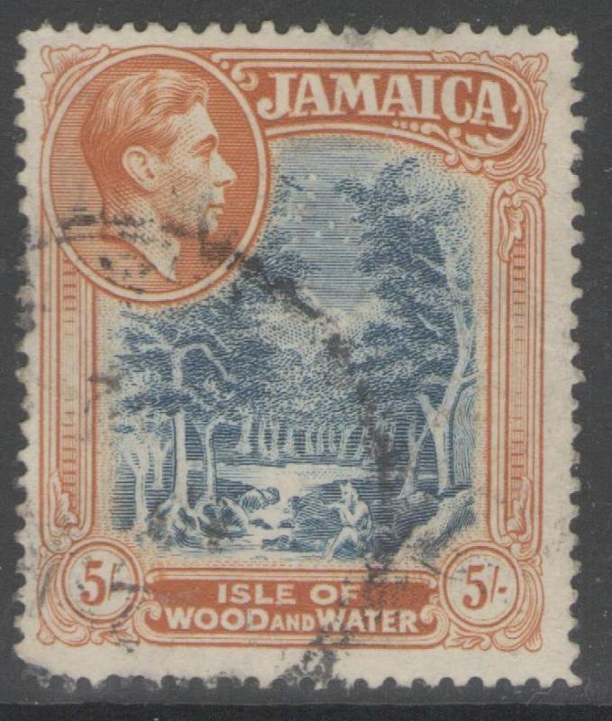 JAMAICA SG132a 1941 5/= SLATE-BLUE & YELLOW-ORANGE p14 LINE FINE USED