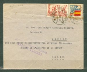 SPAIN 1937 SPANISH CIVIL WAR  CENSORED AIR COVER MADRID to PARIS FRANCE