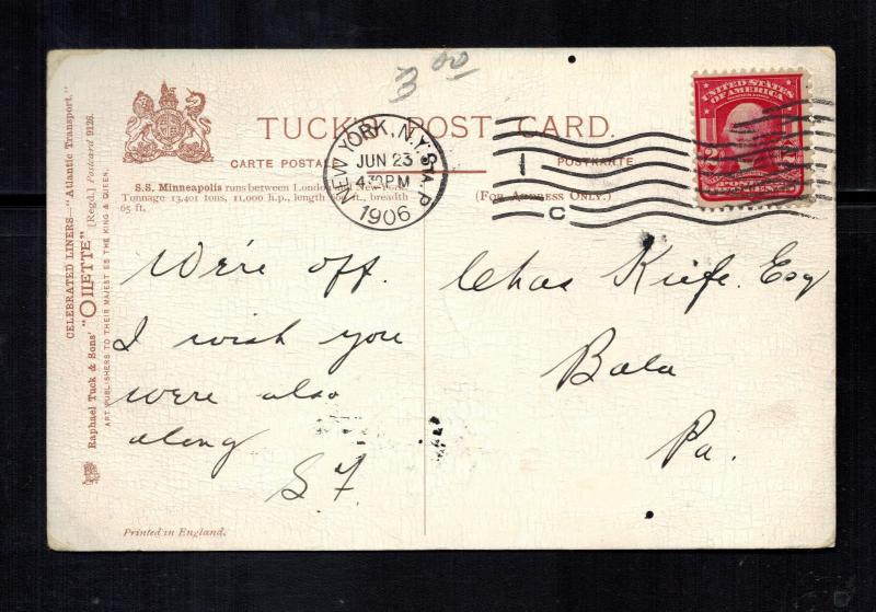 1906 Philadelphia PA USA Postcard Cover SS Minneapolis Ship Passenger Liner