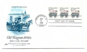 2130A 10.1c Oil Wagon 1890s, red pre-cancel, ArtCraft plate #2 strip of 3 FDC