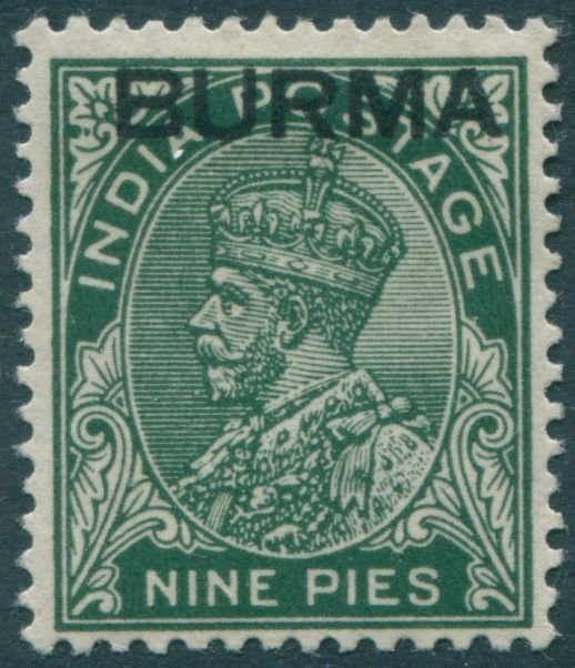 Burma 1937 SG3 9p green KGV with BURMA ovpt MH