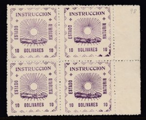 Venezuela 1903 10b Violet Maturin Provisional Postal Fiscal Block MNH