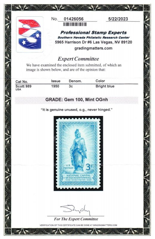 MOstamps- US #989 Mint OG NH Grade GEM 100 with PSE Cert -Lot # MO-5236 SMQ $150