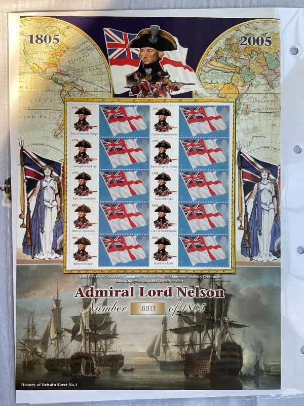 2005 Admiral Lord Nelson Bradbury History of Britain 1 Ltd Edition Smiler Sheet