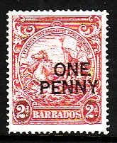 Barbados-Sc#209 - 1p on 2p brt rose red unused-hinged -Seahorse-1947-