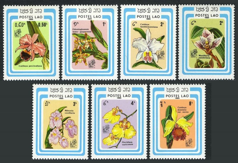 Laos 637-643, 644, MNH. Michel 838-844, .845 Bl.107. Orchids 1985.