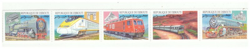 DJIBOUTI SC.801 2000 VARIOUS EUROPEAN TRAINS STRIP OF 5 MNH YE10 