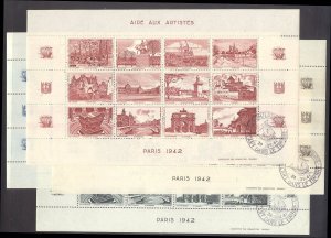 FRANCE SCARCE Set of (4) 1942 Artist Aid Sheets