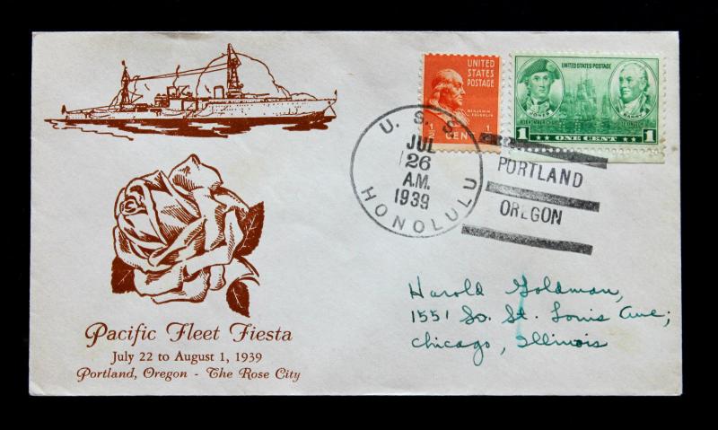 US Stamp Sc# 790 + 803 USS Honolulu Naval Cover Pacfic Fleet Fiesta 7-26-1939 