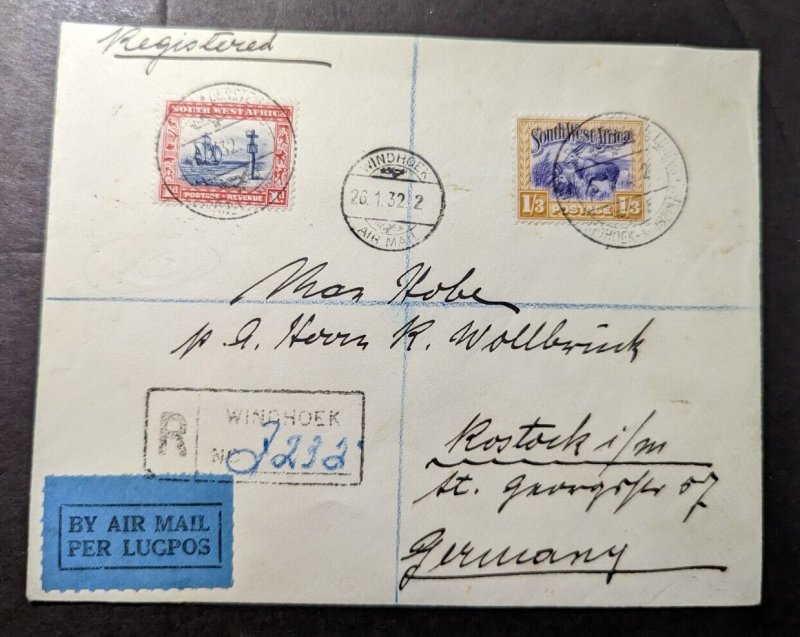 1932 Registered South West Africa Airmail Cover Windhoek to Rostock Germany