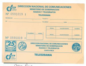 Costa Rica  1950 25c blue on light buff, telegram form