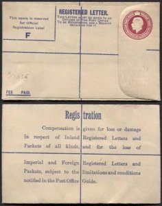 RP41 KGV 4 1/2d Puce Registered Envelope Size F Imperial and Foreign on Back  M