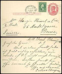 1912 Bloomfield NJ CDS Uprated PC, Foreign Destination BERNE SWITZERLAND SC #405