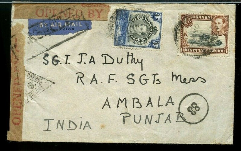 1/ 30cent Censored JUSQU'A marking KENYA to INDIA AIRMAIL cancelled 1941 cover